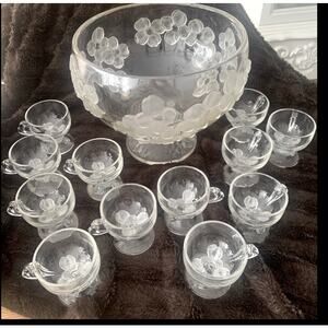Rare Vintage 1940’s Depression Glass Frosted Dogwood Punchbowl + 12 Glasses.